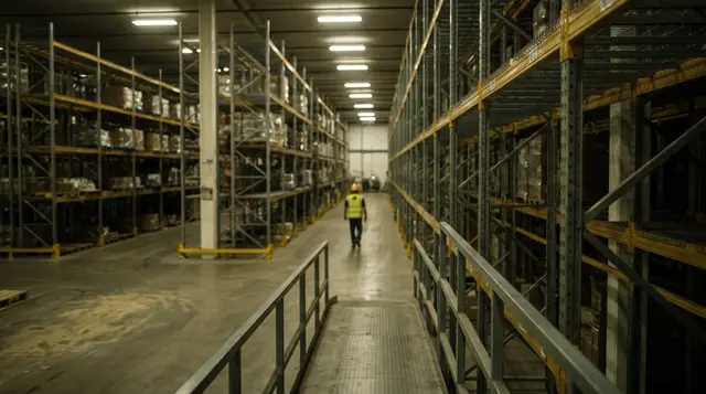 A worker in a high-visibility vest and hard hat seen from a distance down a warehouse aisle, small in frame and too far away for equipment detail to be legible.