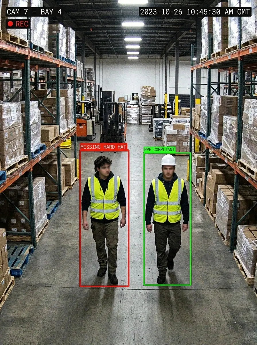 Nsightify detecting workers, PPE and a perimeter zone on a live warehouse feed in real time