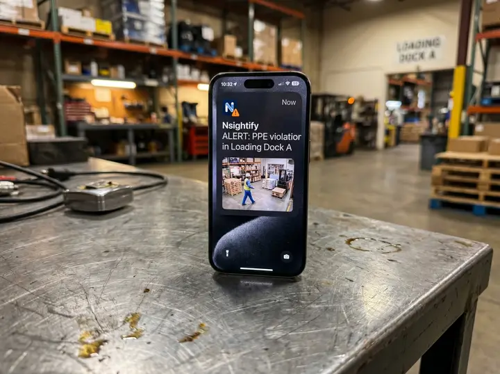 Nsightify push notification of a PPE violation in Loading Dock A delivered to a supervisor phone on the warehouse floor