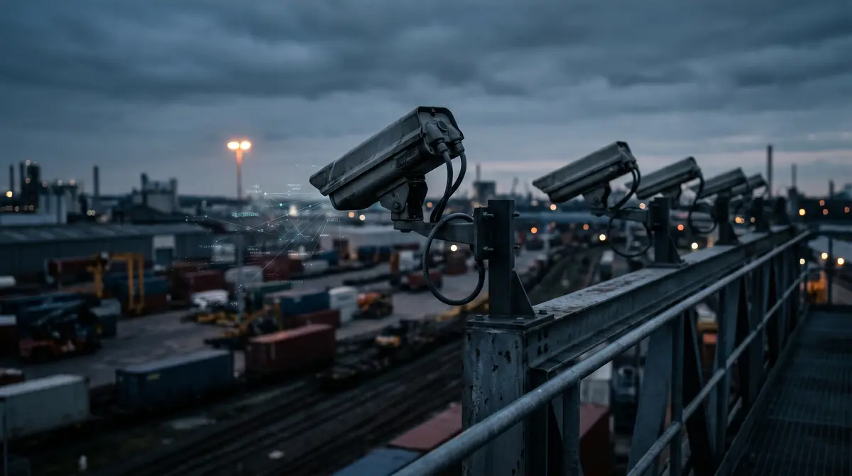 Security cameras mounted on an industrial perimeter fence overlooking a logistics yard at dusk, with AI data visualization overlay