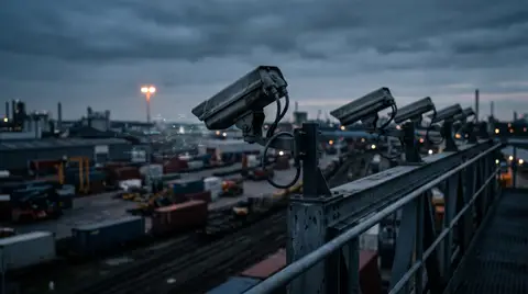 Security cameras mounted on an industrial perimeter fence overlooking a logistics yard at dusk, with AI data visualization overlay