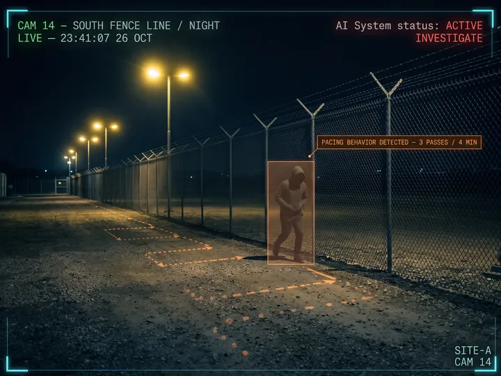 Nsightify tracking a person's repeated back-and-forth path along a perimeter fence line, flagged as pacing behavior