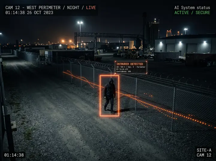 Night perimeter camera view with Nsightify flagging an unauthorized person inside a fenced restricted zone