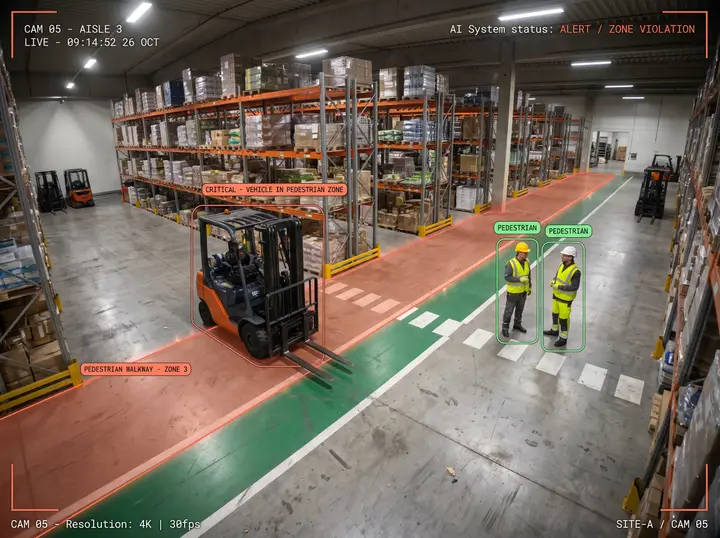 Nsightify raising a critical alert as a forklift enters a green-marked pedestrian walkway while two workers in the same walkway are tracked as pedestrians