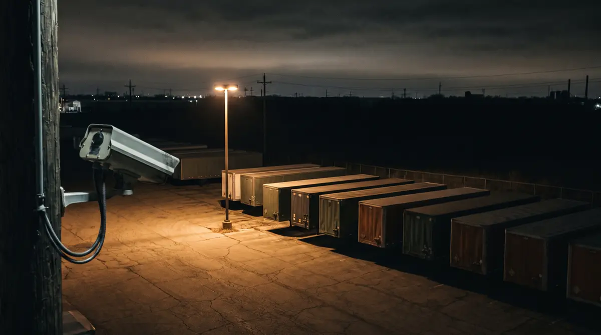 A pole-mounted security camera overlooks a trailer yard at night. One light pole lights a patch of cracked asphalt and the nearest trailers, and the yard fades into darkness toward the back fence.