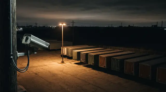 A pole-mounted security camera overlooks a trailer yard at night. One light pole lights a patch of cracked asphalt and the nearest trailers, and the yard fades into darkness toward the back fence.