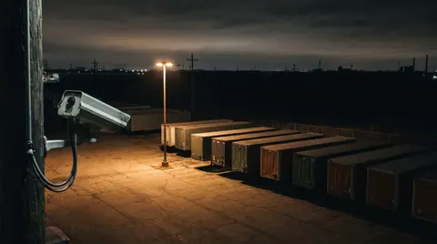 A pole-mounted security camera overlooks a trailer yard at night. One light pole lights a patch of cracked asphalt and the nearest trailers, and the yard fades into darkness toward the back fence.