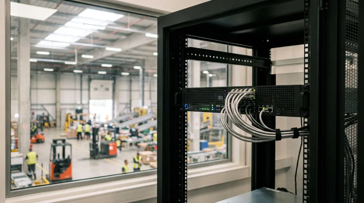 An enterprise edge computing server appliance mounted in an organized IT equipment rack inside a commercial facility, with neatly routed network cables and soft background view of an operations floor.