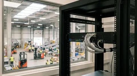 An enterprise edge computing server appliance mounted in an organized IT equipment rack inside a commercial facility, with neatly routed network cables and soft background view of an operations floor.