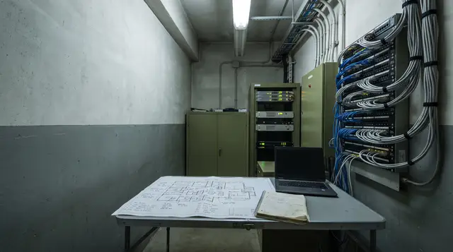 A network equipment room in an industrial facility, with a wall-mounted patch panel of dressed ethernet cabling and an annotated printed floor plan open on a table in the foreground.