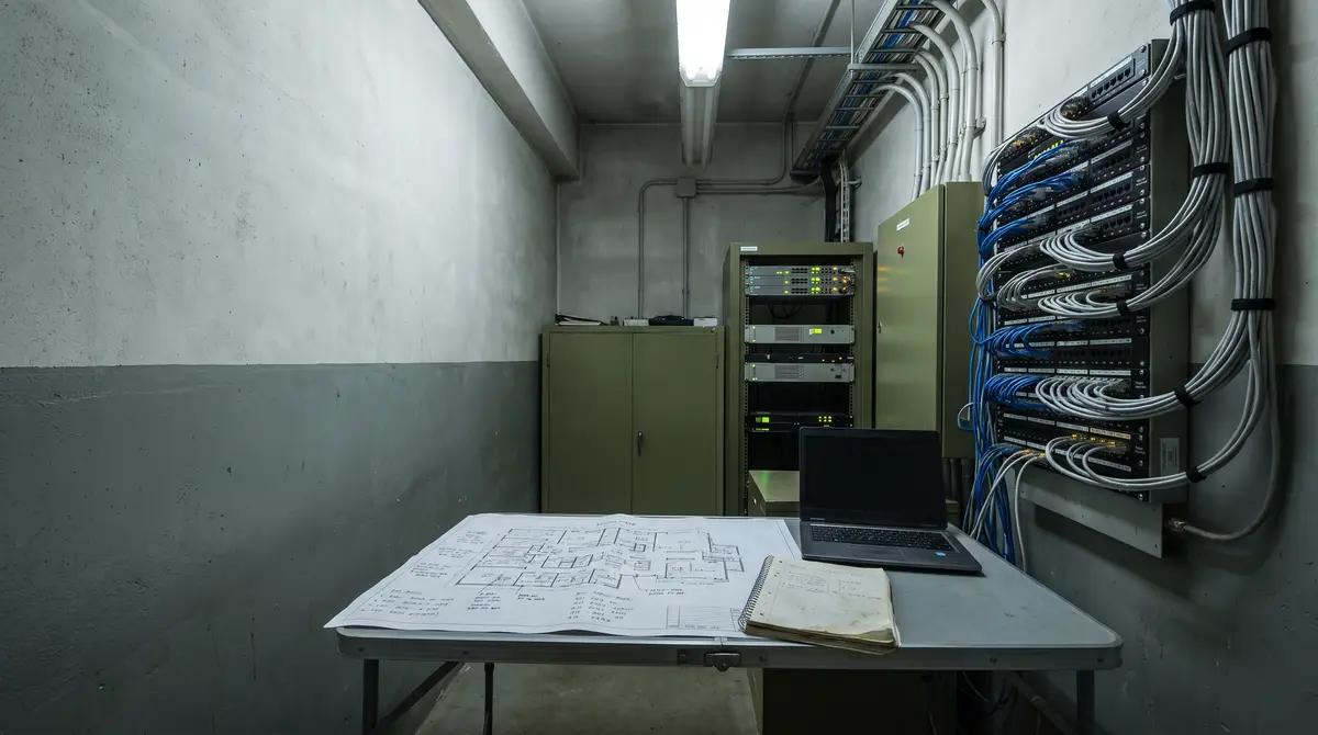 A network equipment room in an industrial facility, with a wall-mounted patch panel of dressed ethernet cabling and an annotated printed floor plan open on a table in the foreground.