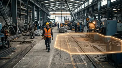 Worker wearing a hard hat and high-visibility vest walking through a manufacturing floor with an AI-detected hazard zone highlighted